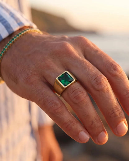 Men’s Green Zirconia Square Signet Ring, Gold-Tone