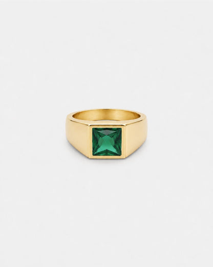 Men’s Green Zirconia Square Signet Ring, Gold-Tone