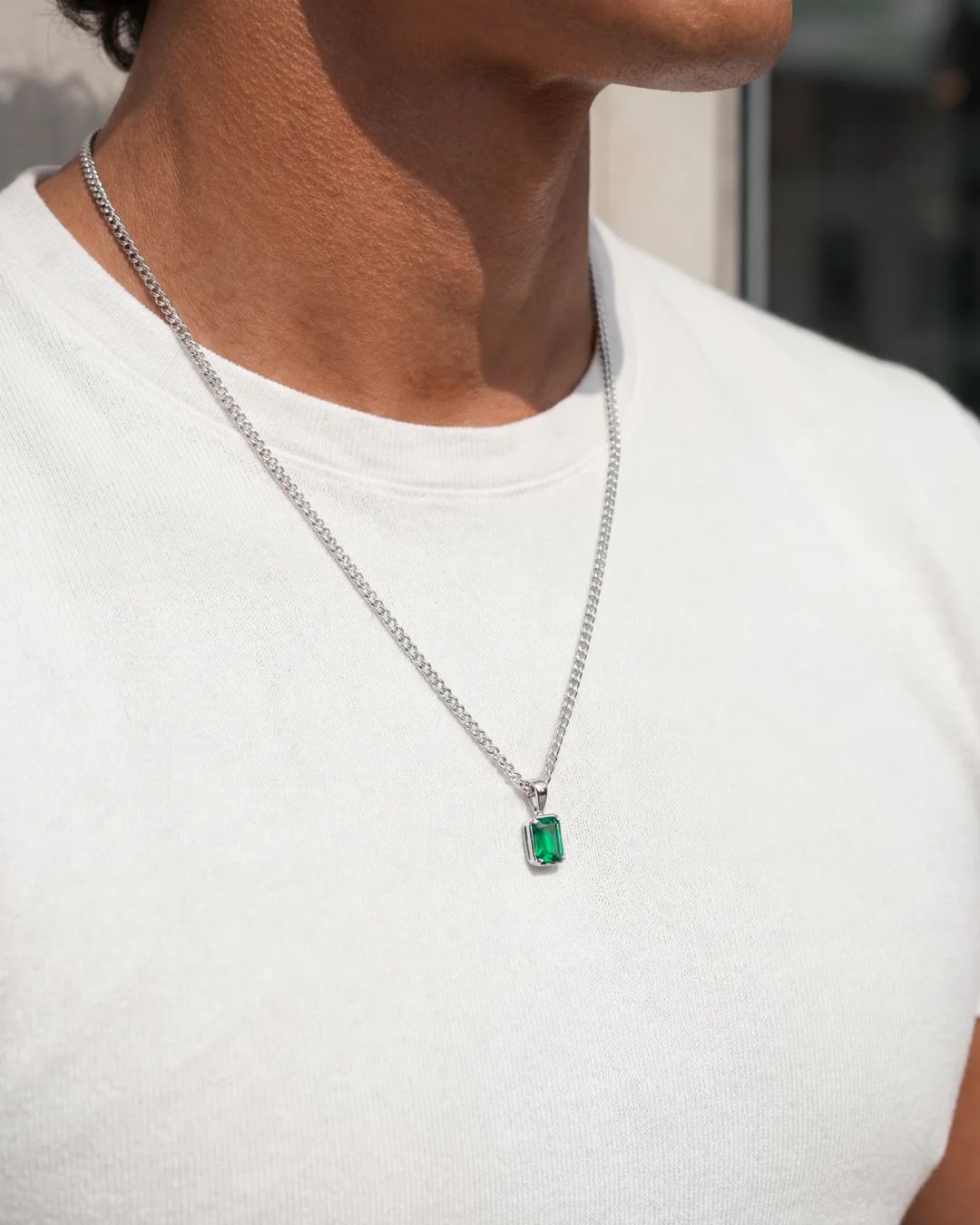 Men’s 1 ct Lab-Grown Emerald Pendant Necklace, 925 Silver Pendant