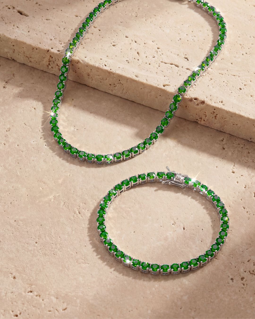 Green Zircon Tennis Necklace and Bracelet Set, 4 mm, White-Gold-Plated