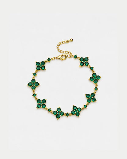 Green Zircon Clover Bracelet, Gold-Plated Copper, Adjustable