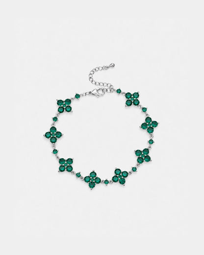 Green Zircon Clover Bracelet, Silver-Plated Copper, Adjustable