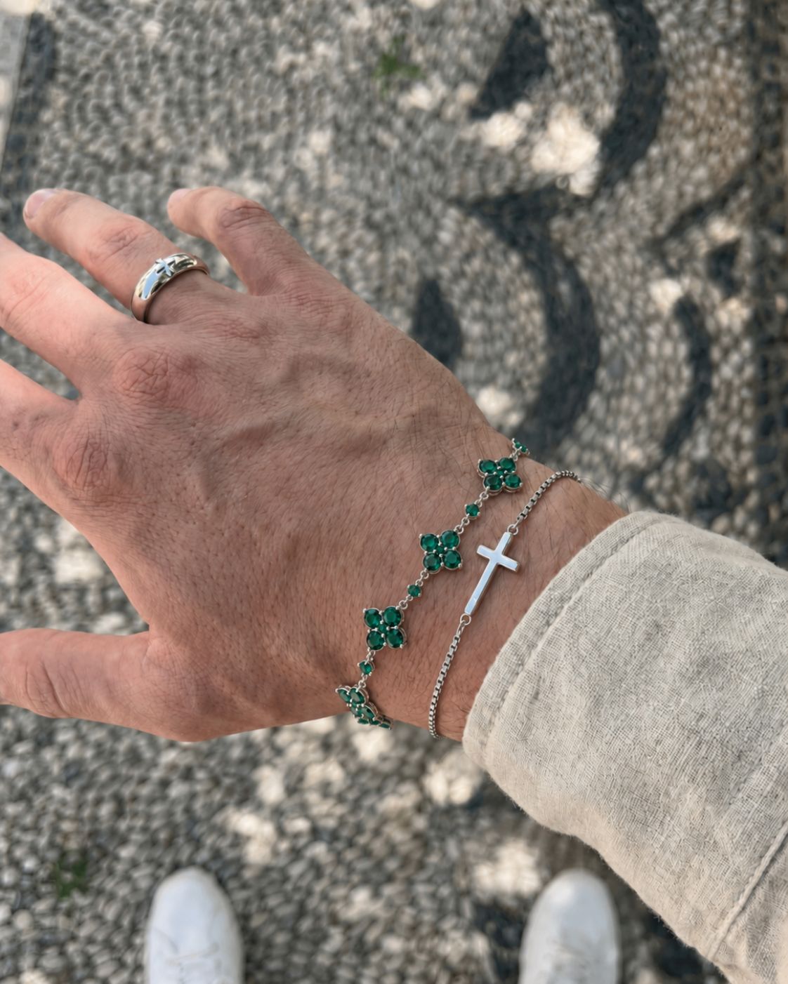 Green Zircon Clover Bracelet, Silver-Plated Copper, Adjustable