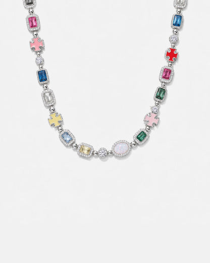 Men’s Multicolor Geometric Necklace, White-Gold-Plated Steel
