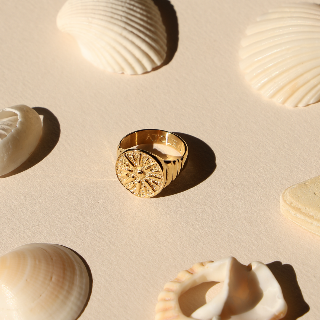 Engraved Sun Disc Signet Ring, Steel