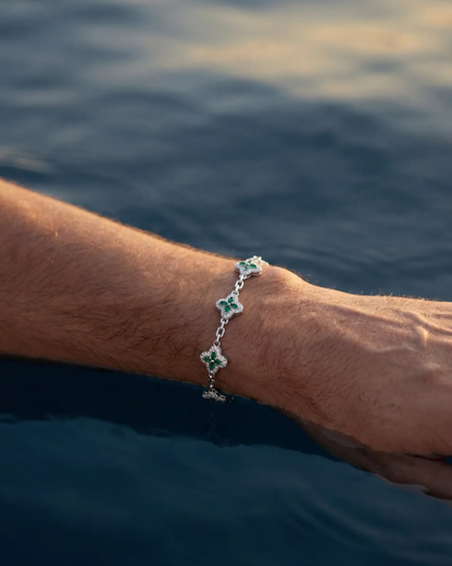 Green Zircon Flower Bracelet, Silver-Tone Copper