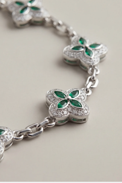 Green Zircon Flower Bracelet, Silver-Tone Copper
