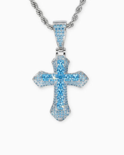Men’s Blue Stone Iced Cross Pendant Necklace, Silver-Plated Copper