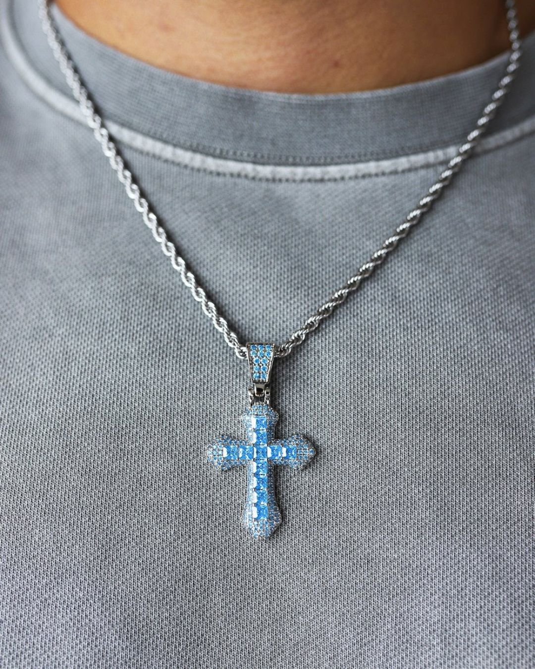 Men’s Blue Stone Iced Cross Pendant Necklace, Silver-Plated Copper