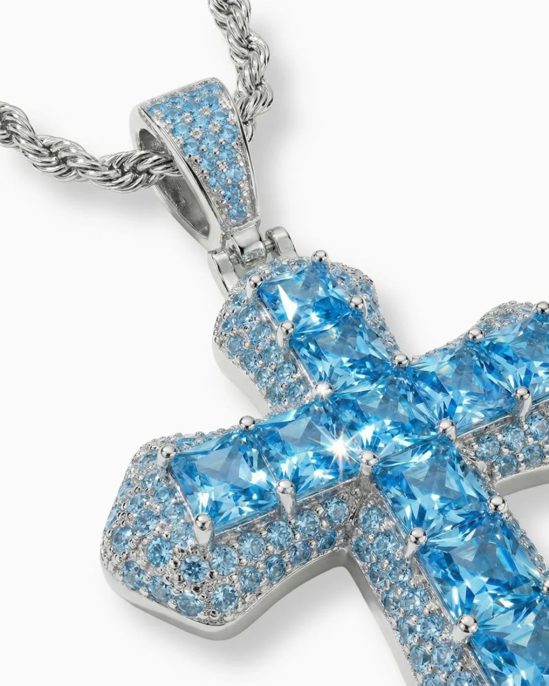 Men’s Blue Stone Iced Cross Pendant Necklace, Silver-Plated Copper