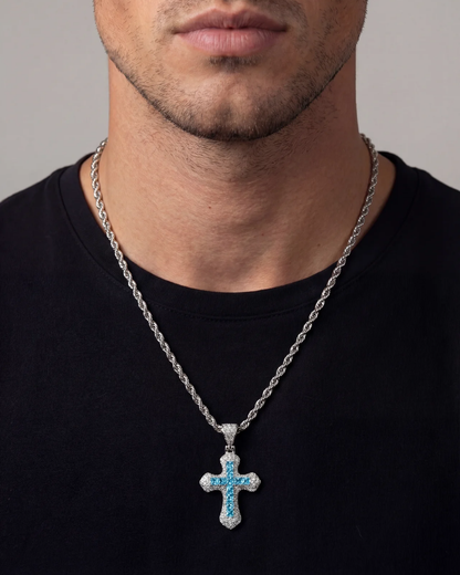 Men’s Blue Stone Iced Cross Pendant Necklace, Silver-Plated Copper