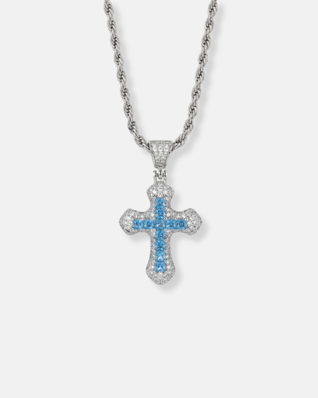Men’s Blue Stone Iced Cross Pendant Necklace, Silver-Plated Copper