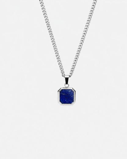 Men’s Blue Inlay Pendant Necklace, Silver-Plated Steel