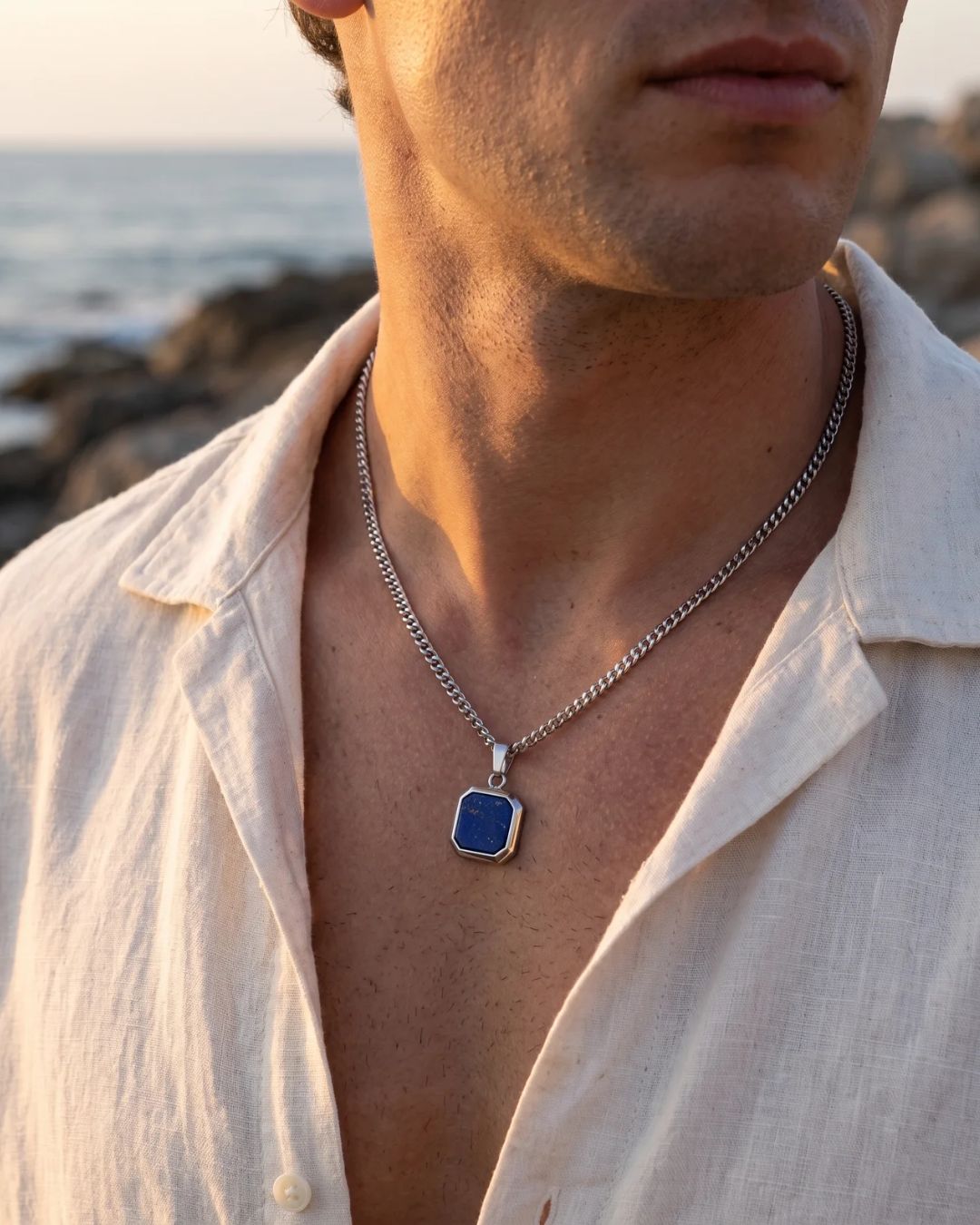 Men’s Blue Inlay Pendant Necklace, Silver-Plated Steel