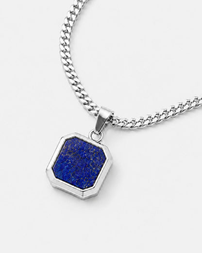 Men’s Blue Inlay Pendant Necklace, Silver-Plated Steel