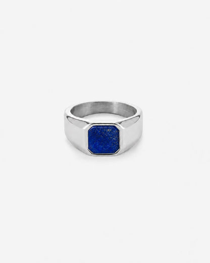Men’s Blue Inlay Signet Ring, Silver-Plated Steel, US 7–13