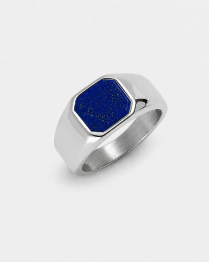 Men’s Blue Inlay Signet Ring, Silver-Plated Steel, US 7–13