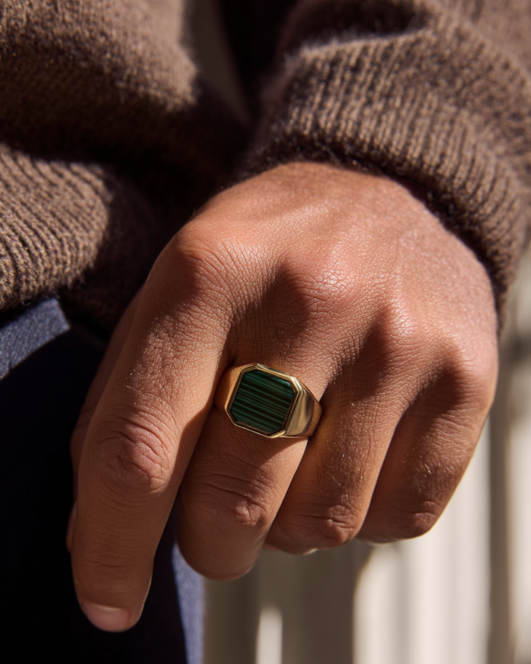 Men’s Green Malachite Signet Ring, Gold-Plated Steel — Malachio