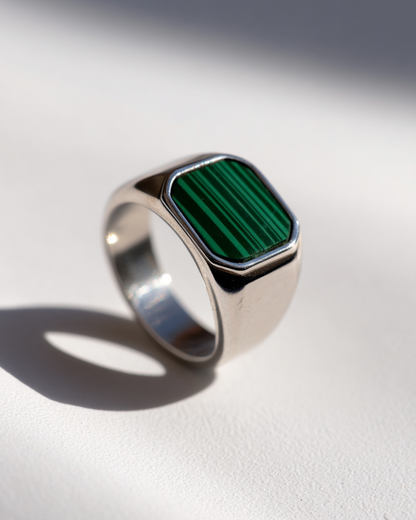 Men’s Green Malachite Signet Ring, Silver-Plated Steel — Malachio