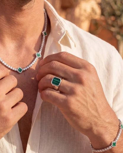 Men’s Green Malachite Signet Ring, Silver-Plated Steel — Malachio