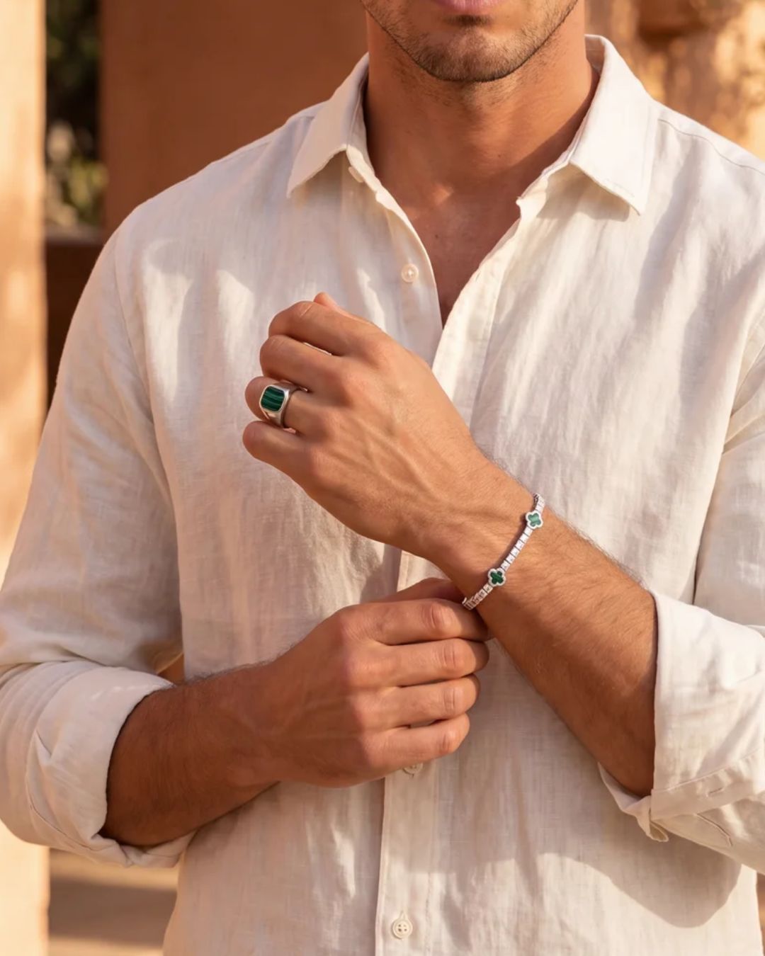Men’s Green Malachite Signet Ring, Silver-Plated Steel — Malachio