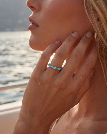 Turquoise-Blue Zircon Stone Band Ring, Stainless Steel — Mar Rosa