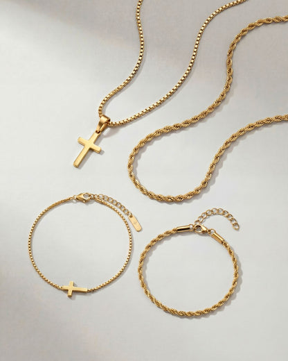 Men’s Cross and Rope Necklace and Bracelet Set, 4 Pieces, Gold-Tone