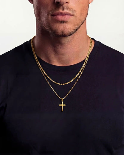 Men’s Cross and Rope Necklace and Bracelet Set, 4 Pieces, Gold-Tone
