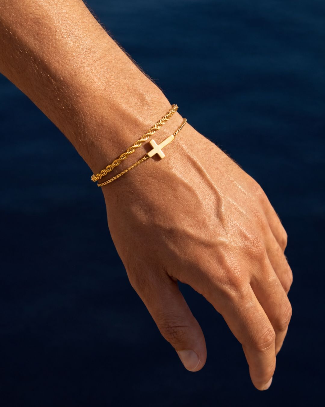 Men’s Cross and Rope Necklace and Bracelet Set, 4 Pieces, Gold-Tone