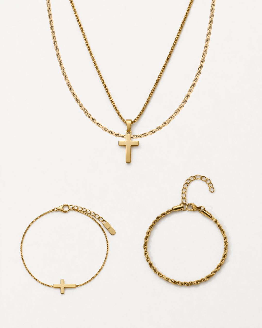Men’s Cross and Rope Necklace and Bracelet Set, 4 Pieces, Gold-Tone