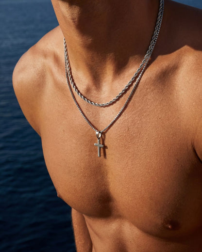 Men’s Cross and Rope Necklace and Bracelet Set, 4 Pieces, Silver-Tone