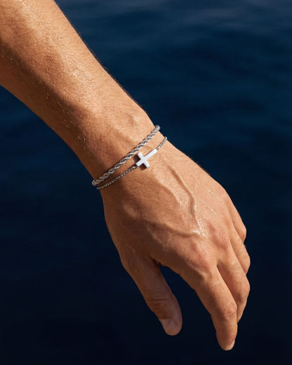 Men’s Cross and Rope Necklace and Bracelet Set, 4 Pieces, Silver-Tone
