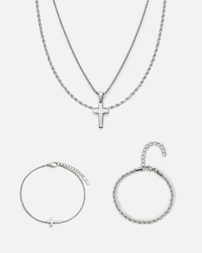 Men’s Cross and Rope Necklace and Bracelet Set, 4 Pieces, Silver-Tone