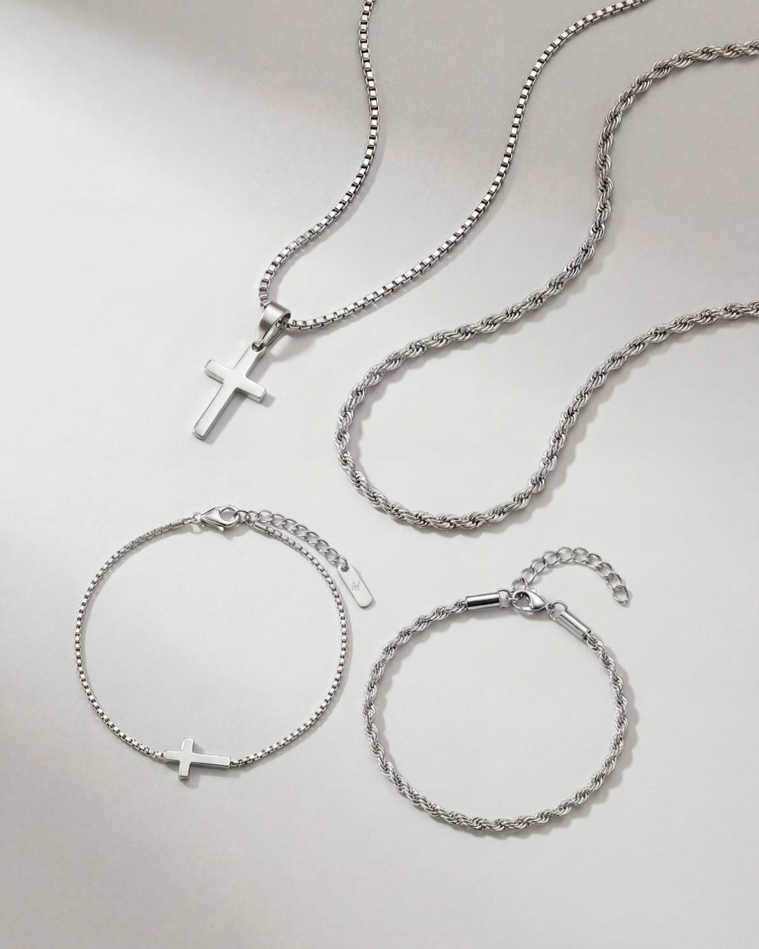 Men’s Cross and Rope Necklace and Bracelet Set, 4 Pieces, Silver-Tone