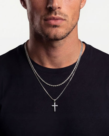 Men’s Cross and Rope Necklace and Bracelet Set, 4 Pieces, Silver-Tone