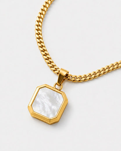 Pearlescent White Inlay Pendant Necklace, 14K Gold-Plated Steel