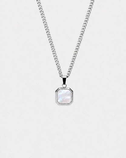 Pearlescent White Inlay Pendant Necklace, Silver-Plated Steel