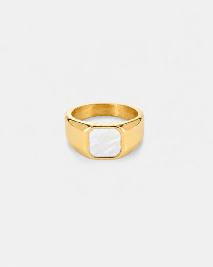 Pearlescent White Inlay Signet Ring, Gold-Plated Steel, US 7–13