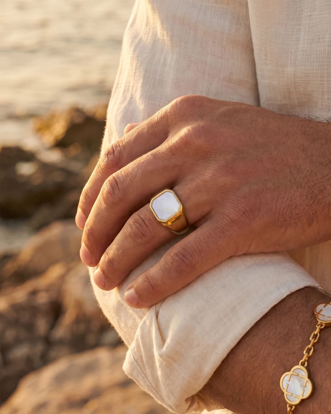 Pearlescent White Inlay Signet Ring, Gold-Plated Steel, US 7–13