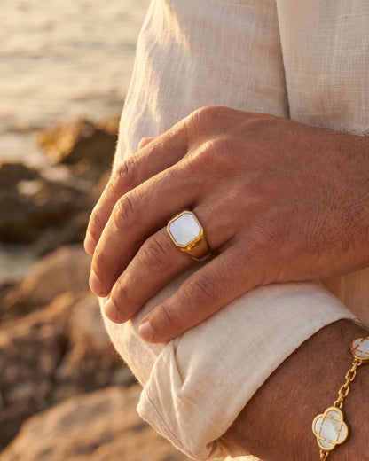 Pearlescent White Inlay Signet Ring, Gold-Plated Steel, US 7–13