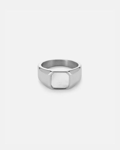 Pearlescent White Inlay Signet Ring, Silver-Plated Steel, US 7–13