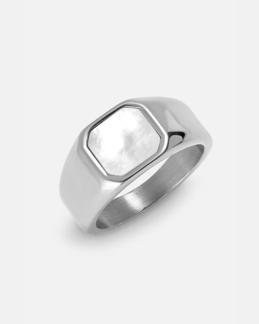 Pearlescent White Inlay Signet Ring, Silver-Plated Steel, US 7–13