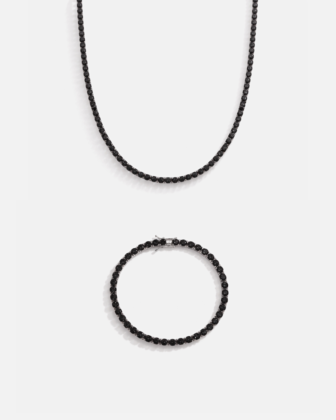 Black Zircon Tennis Necklace and Bracelet Set, 4 mm, White-Gold-Plated