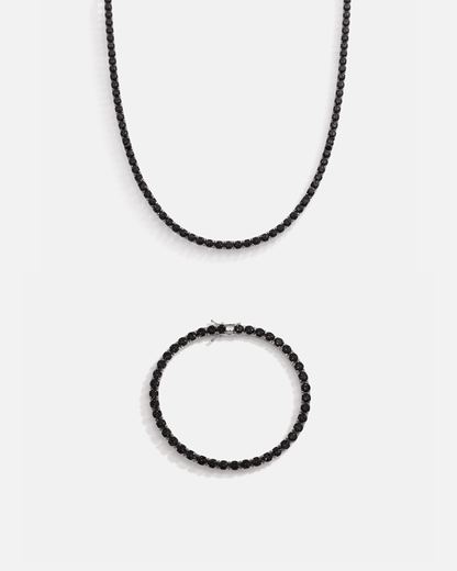 Black Zircon Tennis Necklace and Bracelet Set, 4 mm, White-Gold-Plated