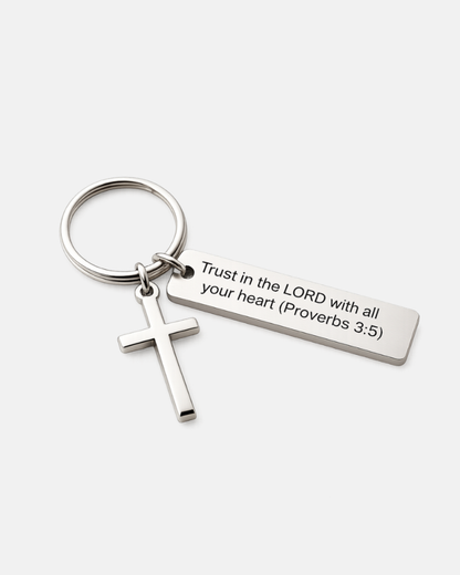 Proverbs 3:5 Scripture Keychain with Cross Charm, Silver-Tone