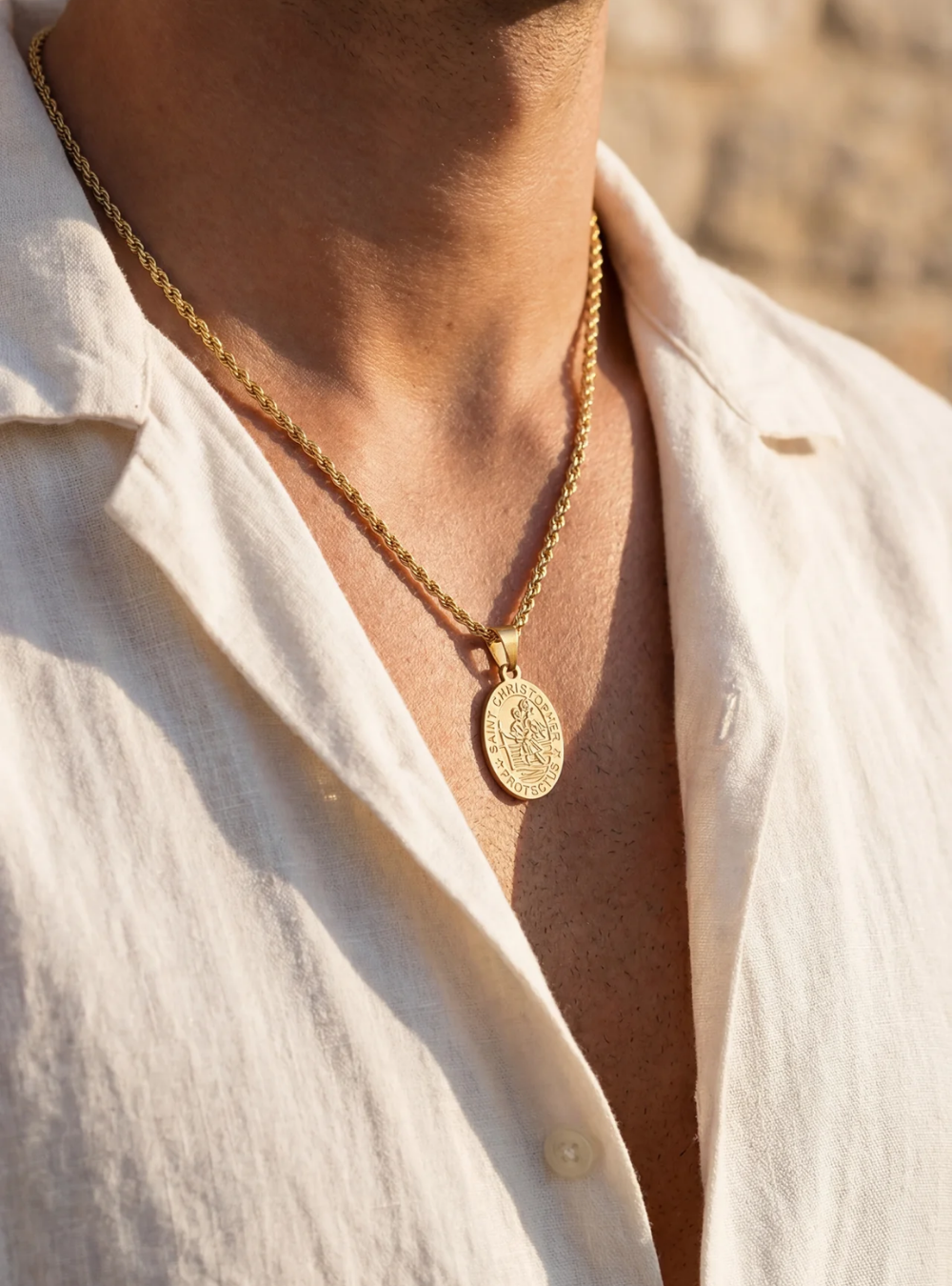 Men’s Saint Christopher Medallion Rope Necklace, Gold-Plated Steel