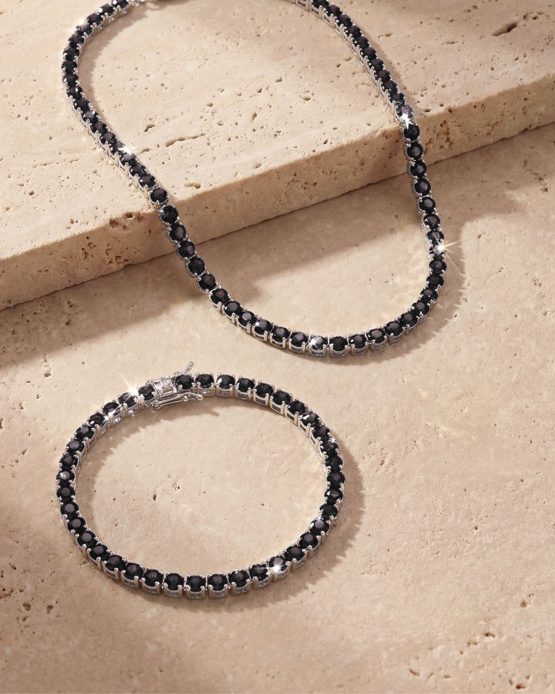 Black Zircon Tennis Necklace and Bracelet Set, 4 mm, White-Gold-Plated