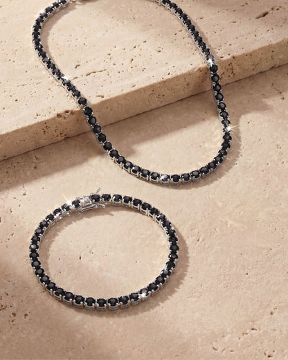 Black Zircon Tennis Necklace and Bracelet Set, 4 mm, White-Gold-Plated