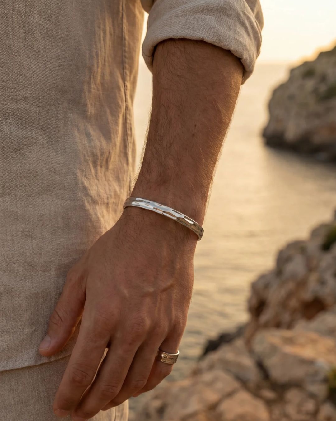 Men’s Wave Open Cuff Bracelet, Silver-Tone Stainless Steel