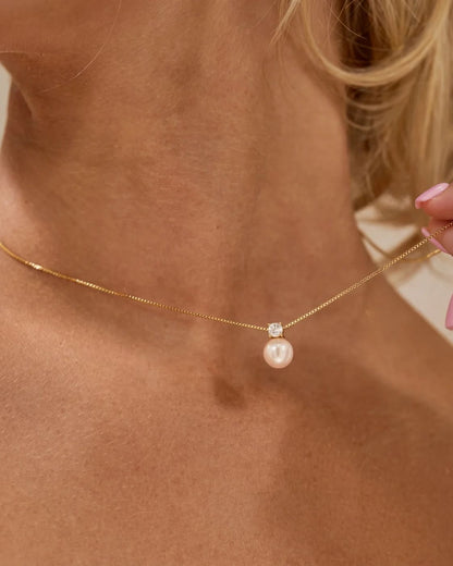 Imitation Pearl and Zirconia Pendant Necklace, Gold-Tone